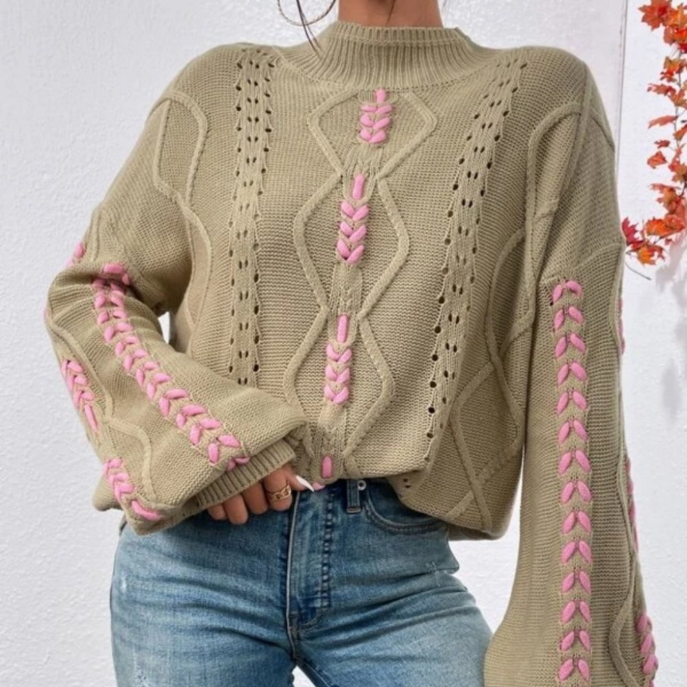 Tan Mockneck Lace-up Pointelle Knit Sweater Top - Picture 3 of 6